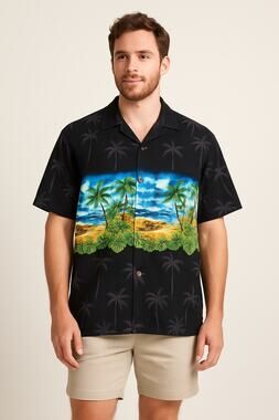 Vintage Hawaiian Aloha Shirt Palm Tree Beach Scene Blue Hawaii Made in Hawaii XL